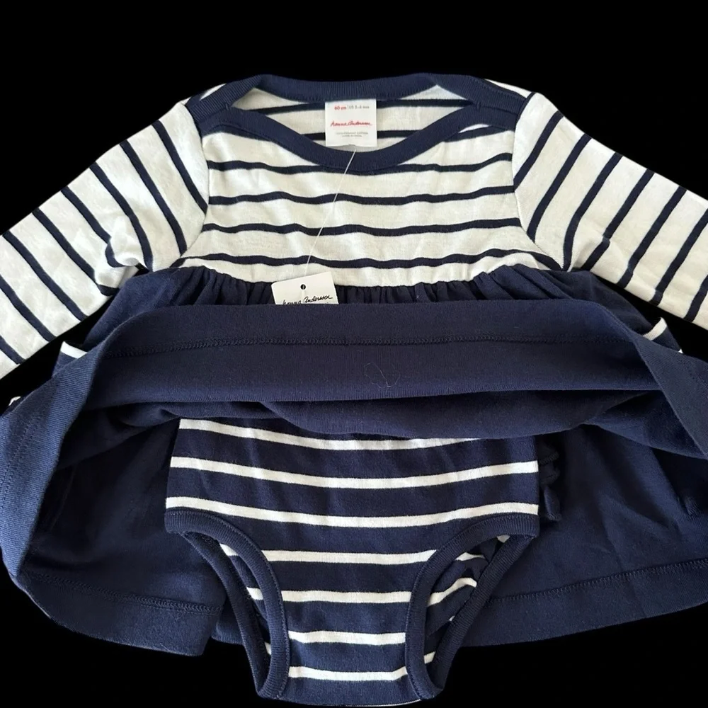 NWT Hanna Andersson‎ baby girl 3-6 months Navy Blue Striped Bodysuit Dress New